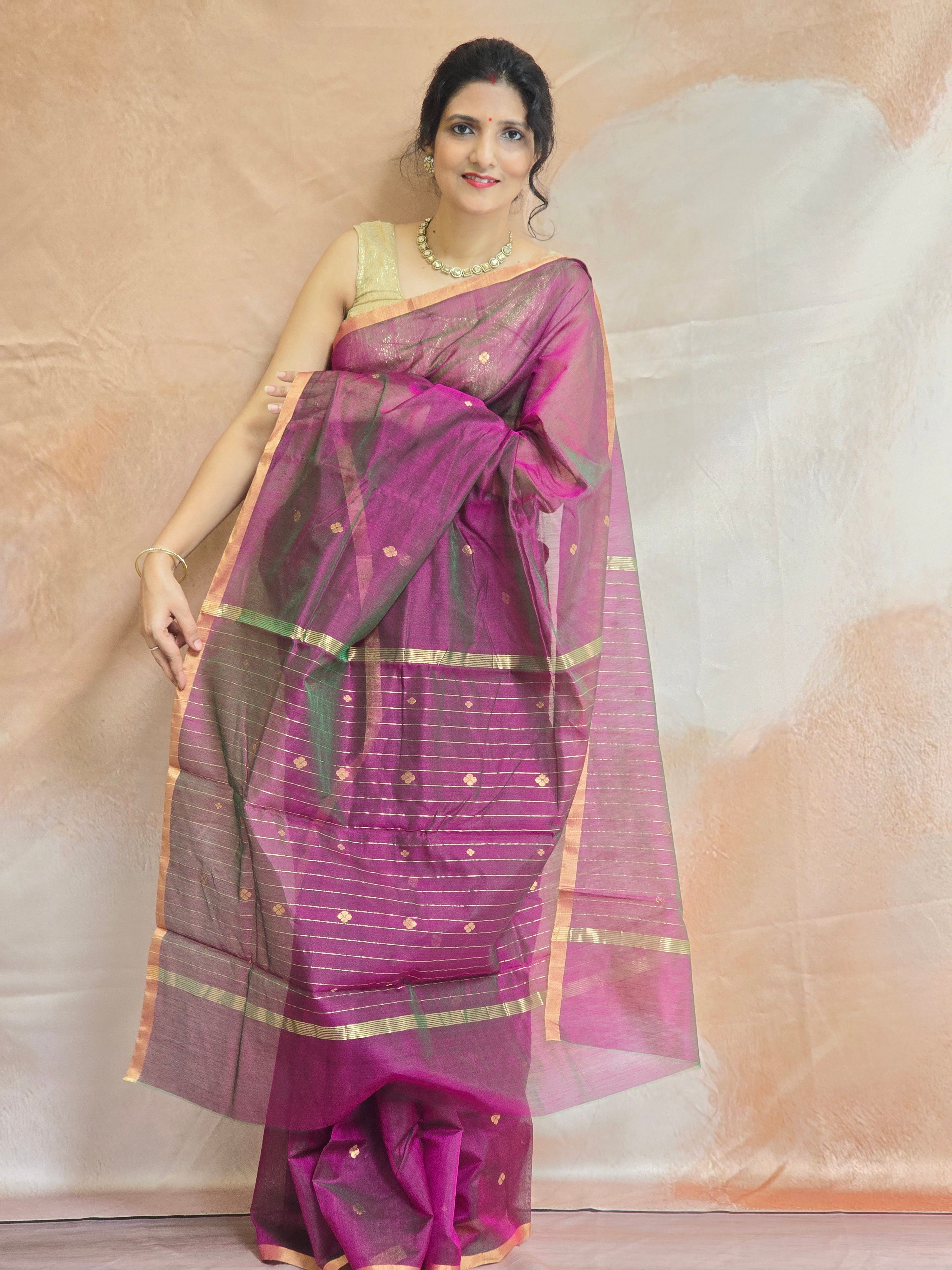 Pure Handloom Chanderi Silk Cotton Saree Narrow zari border Small Motifs - Purple