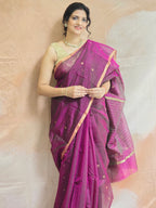 Pure Handloom Chanderi Silk Cotton Saree Narrow zari border Small Motifs - Purple
