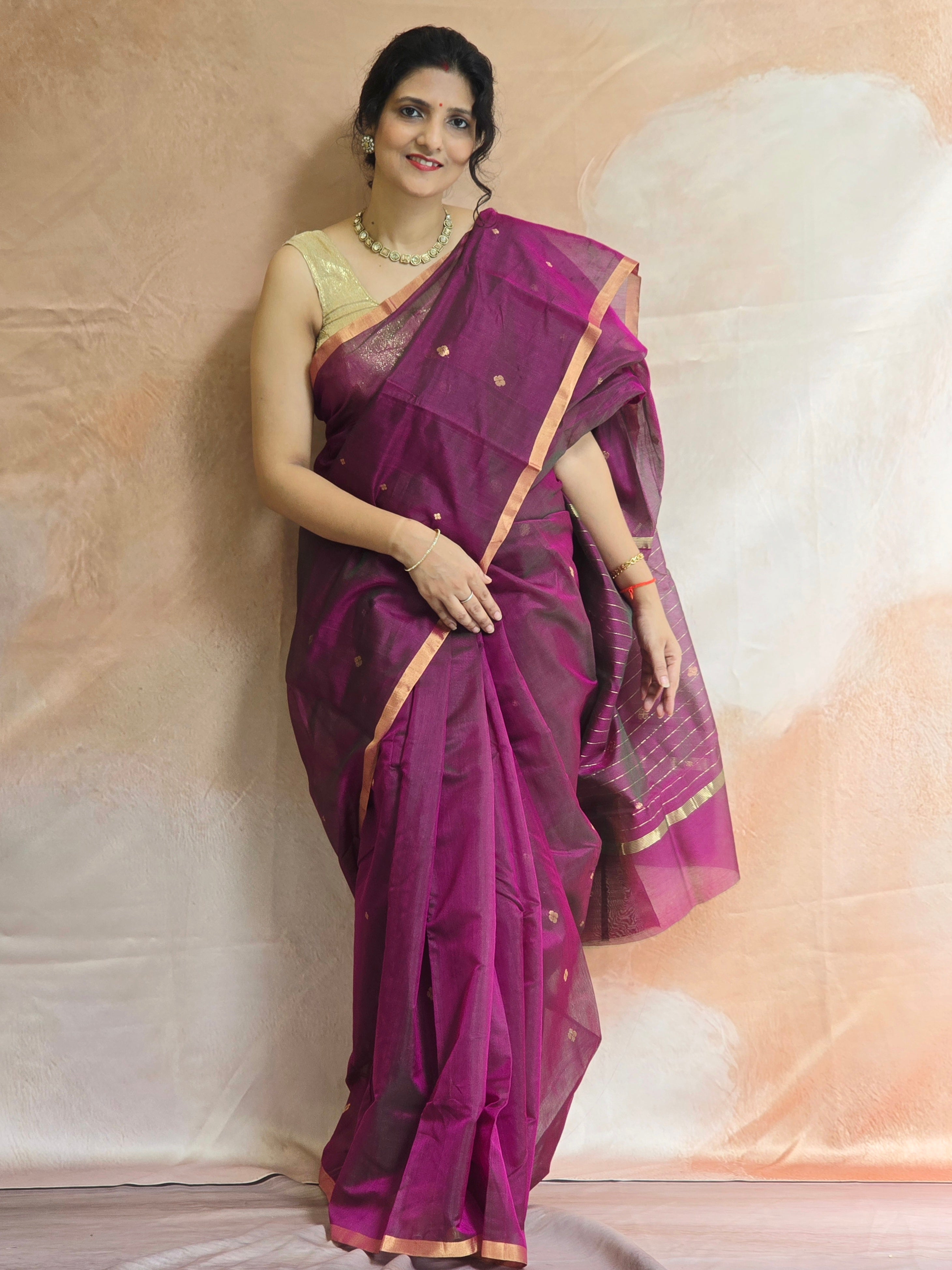 Pure Handloom Chanderi Silk Cotton Saree Narrow zari border Small Motifs - Purple
