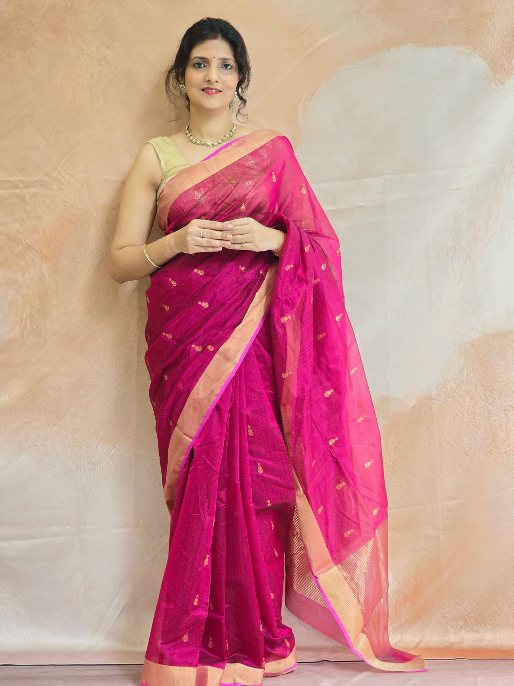 Pure Handwoven Chanderi Small Motifs - Magenta