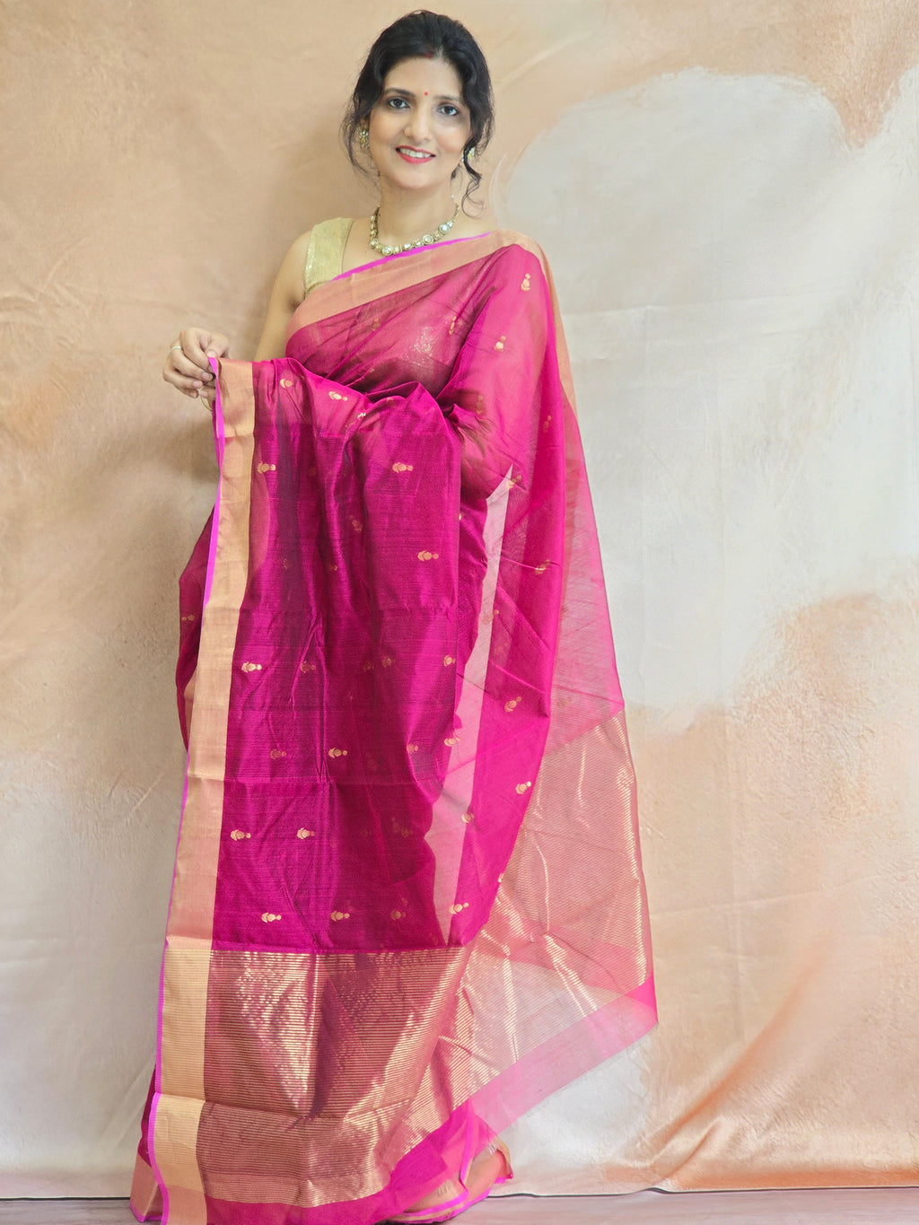 Pure Handwoven Chanderi Small Motifs - Magenta