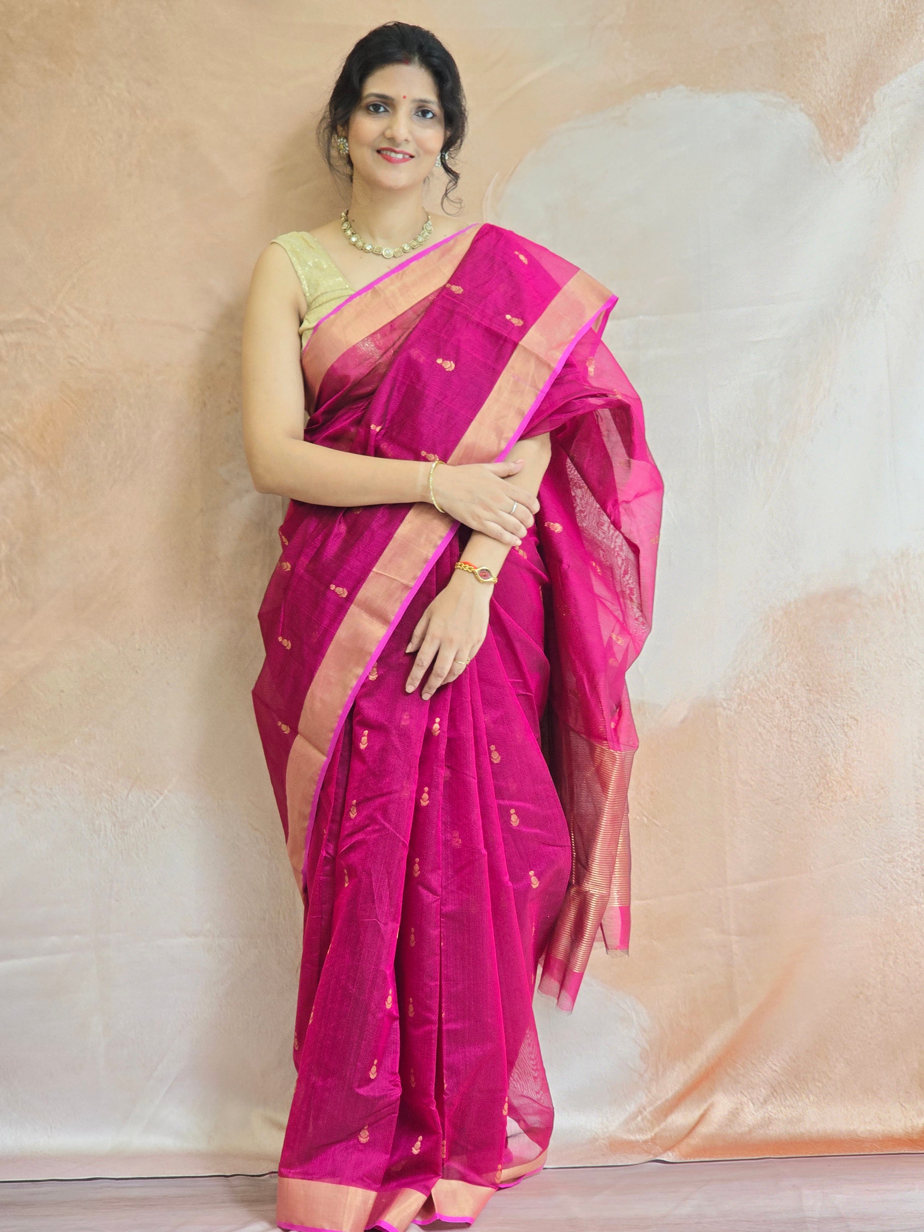 Pure Handwoven Chanderi Small Motifs - Magenta