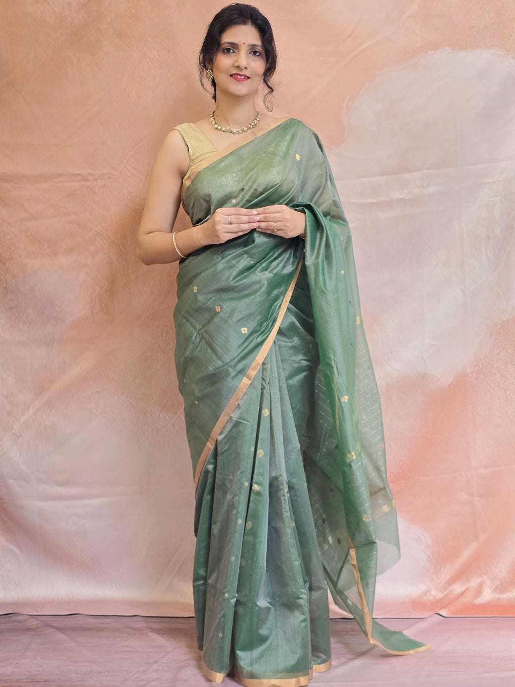 Pure Handwoven Chanderi Small Motifs Narrow Zari Border - Sage Green