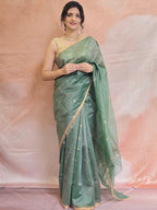 Pure Handwoven Chanderi Small Motifs Narrow Zari Border - Sage Green