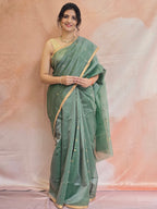 Pure Handwoven Chanderi Small Motifs Narrow Zari Border - Sage Green