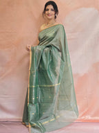 Pure Handwoven Chanderi Small Motifs Narrow Zari Border - Sage Green