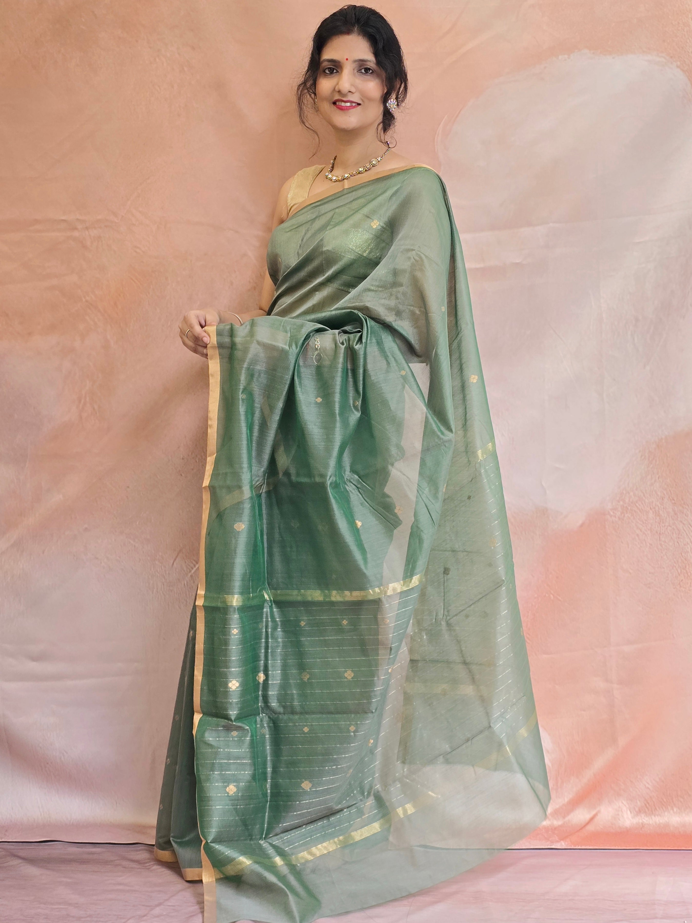 Pure Handwoven Chanderi Small Motifs Narrow Zari Border - Sage Green