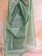 Pure Handwoven Chanderi Small Motifs Narrow Zari Border - Sage Green