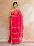 Pure Handwoven Maheshwari Silk Cotton Saree  - Red with Gold Zari Border