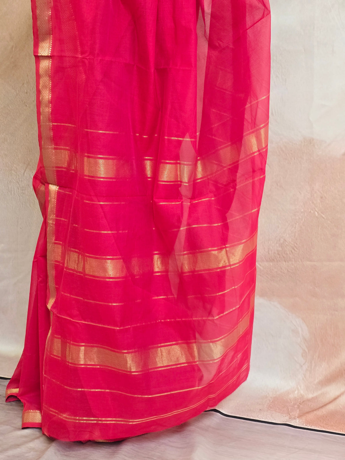 Pure Handwoven Maheshwari Silk Cotton Saree  - Red with Gold Zari Border