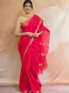 Pure Handwoven Maheshwari Silk Cotton Saree  - Red with Gold Zari Border