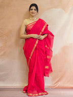 Pure Handwoven Maheshwari Silk Cotton Saree  - Red with Gold Zari Border
