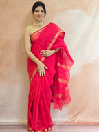 Pure Handwoven Maheshwari Silk Cotton Saree  - Red with Gold Zari Border