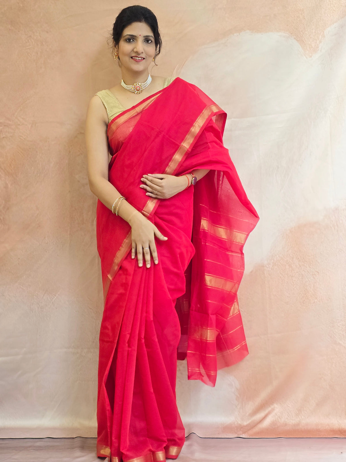 Pure Handwoven Maheshwari Silk Cotton Saree  - Red with Gold Zari Border