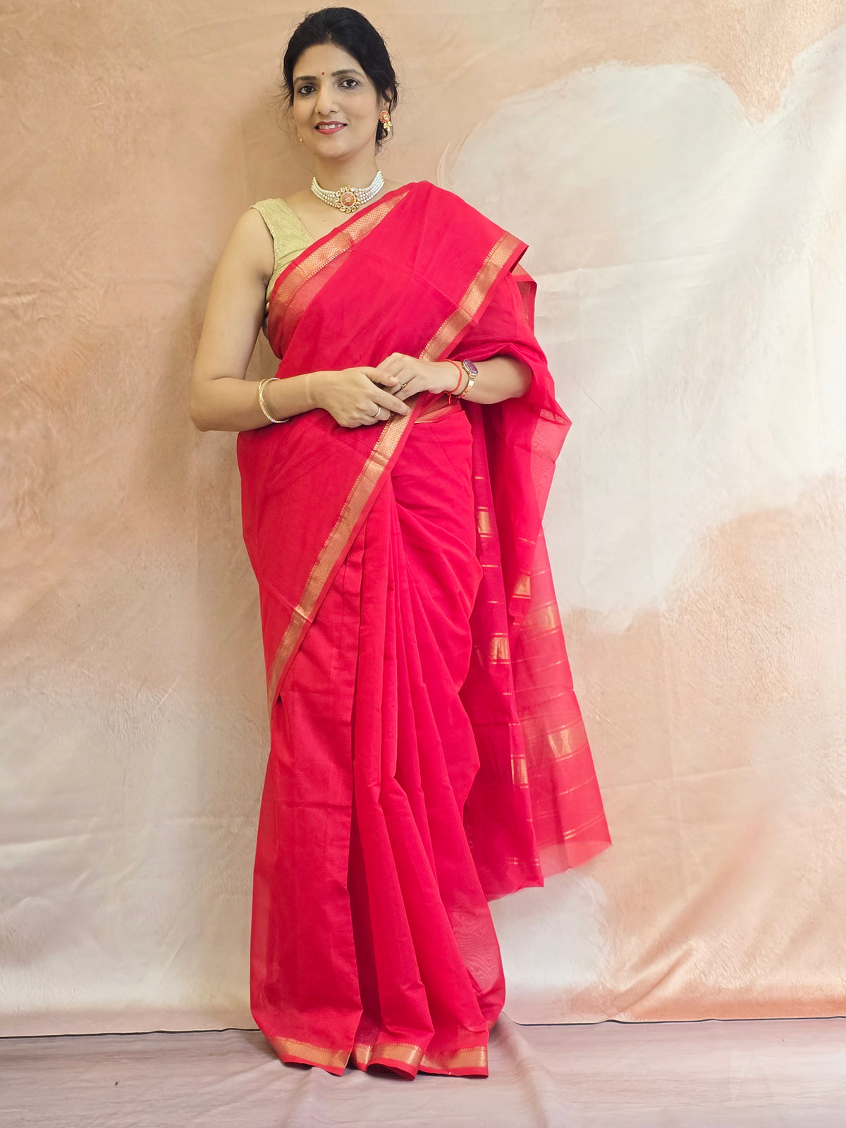 Pure Handwoven Maheshwari Silk Cotton Saree  - Red with Gold Zari Border