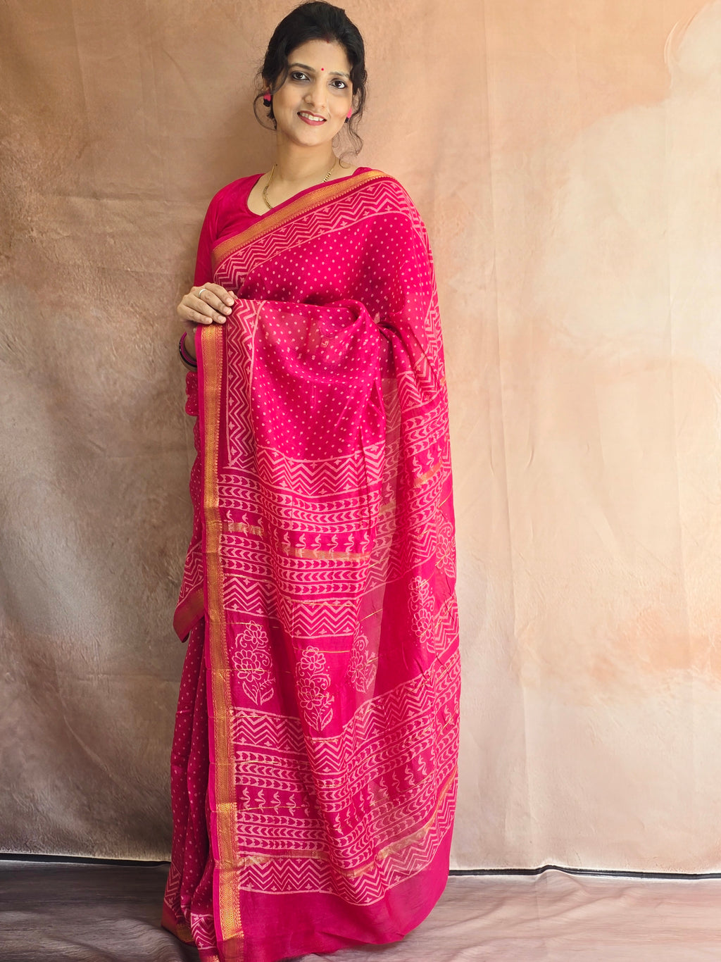Handblock Printed Maheshwari Silk Cotton Saree