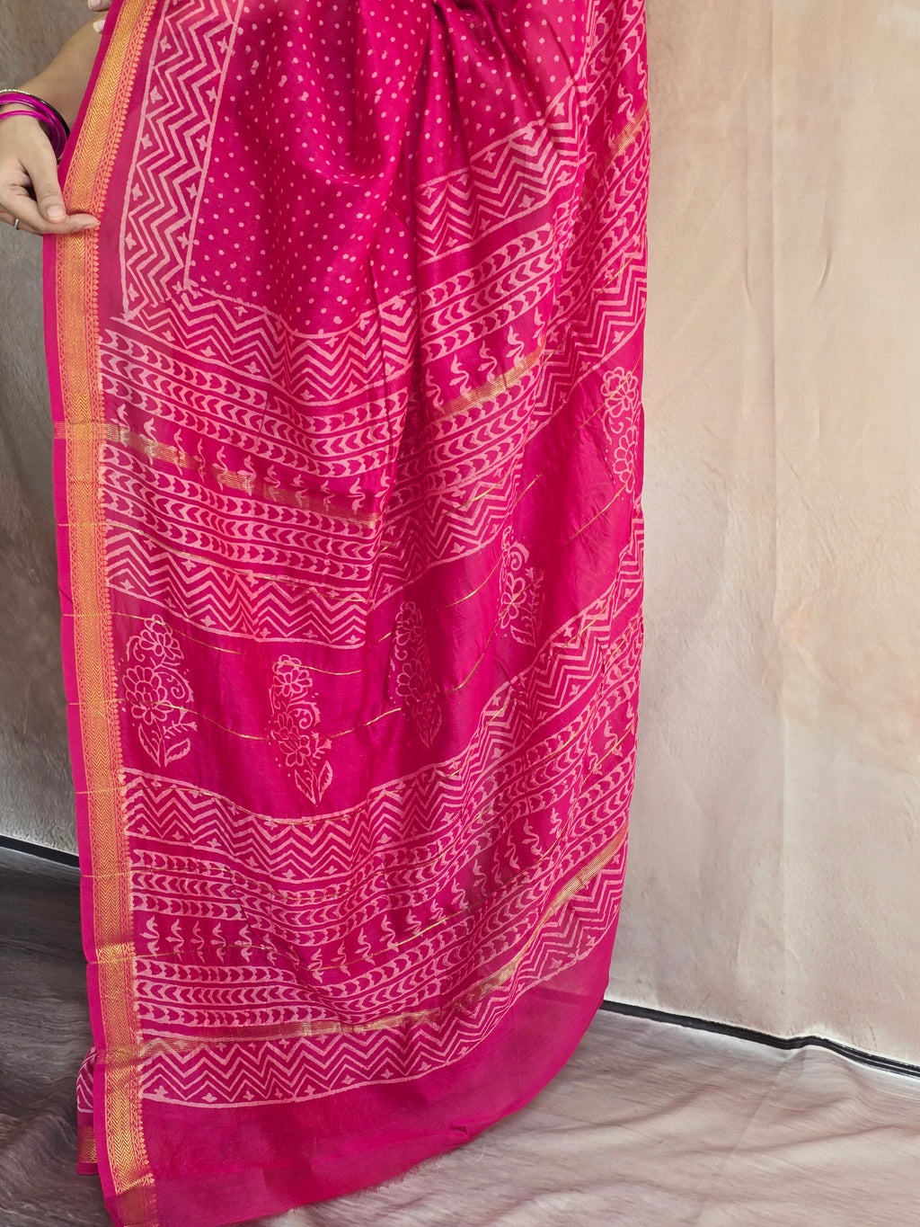 Handblock Printed Maheshwari Silk Cotton Saree