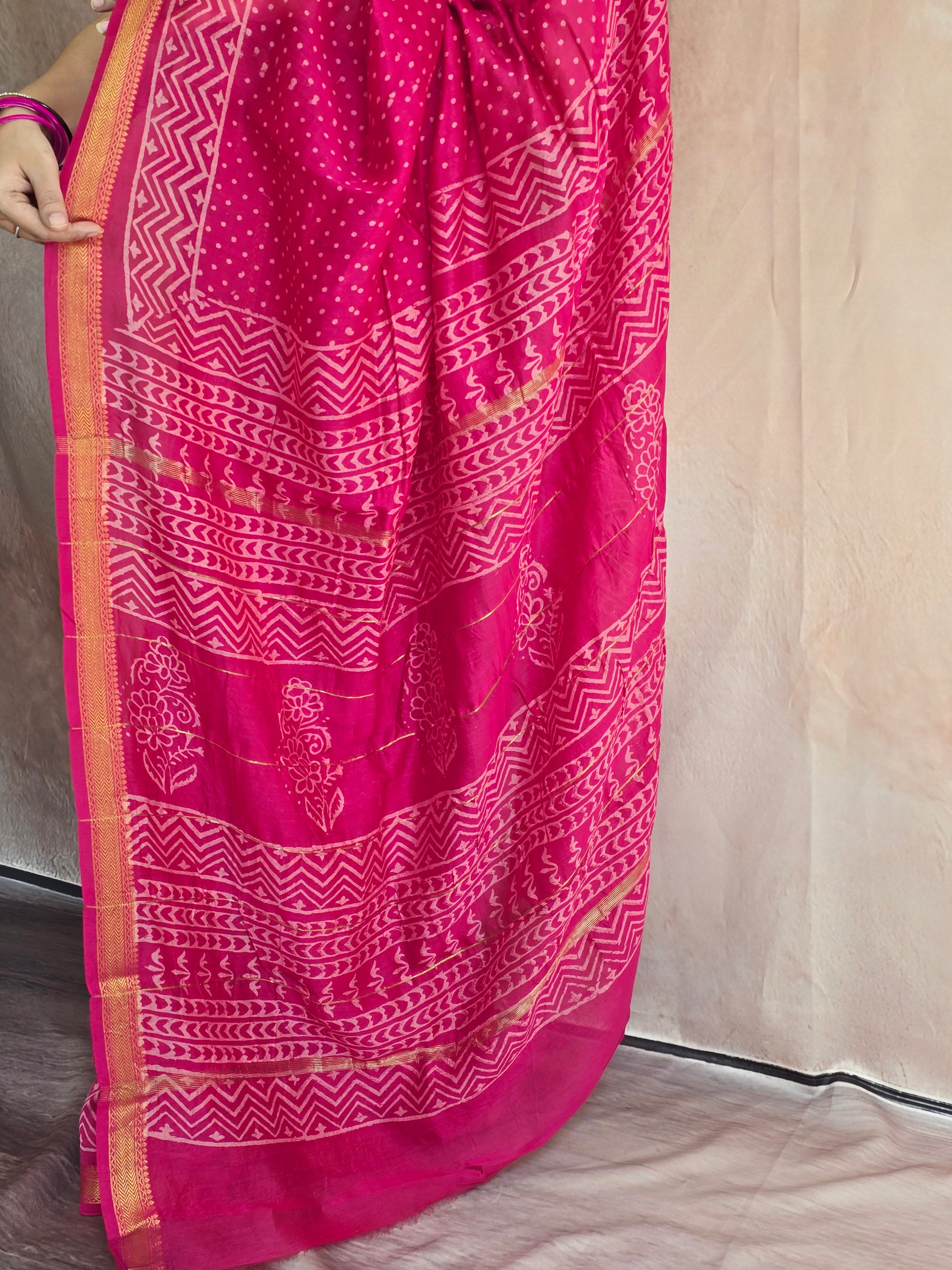 Handblock Printed Maheshwari Silk Cotton Saree