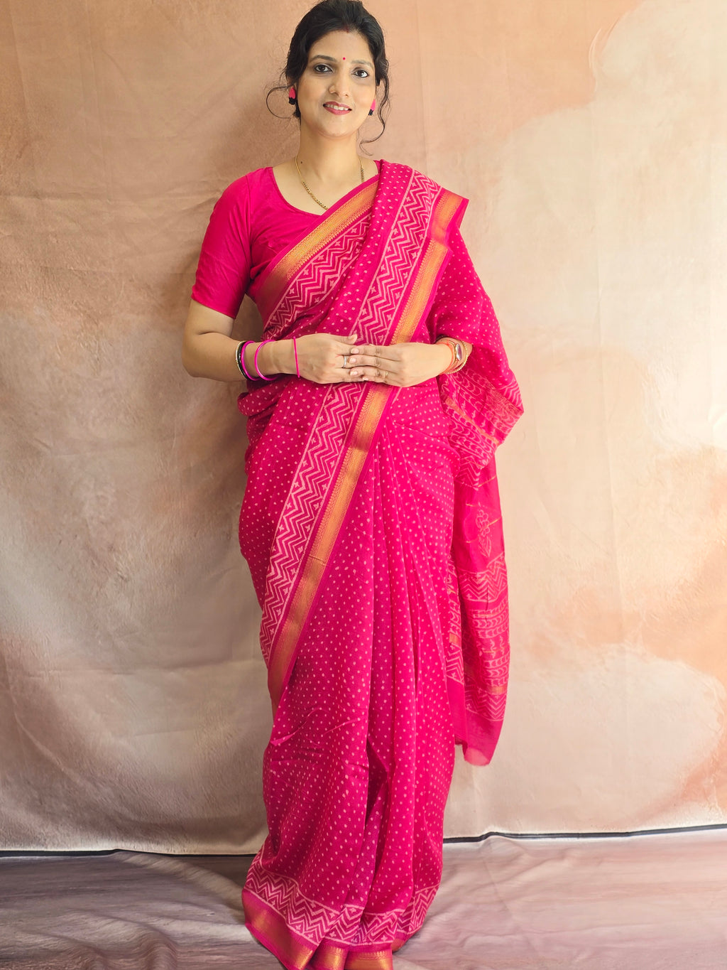 Handblock Printed Maheshwari Silk Cotton Saree