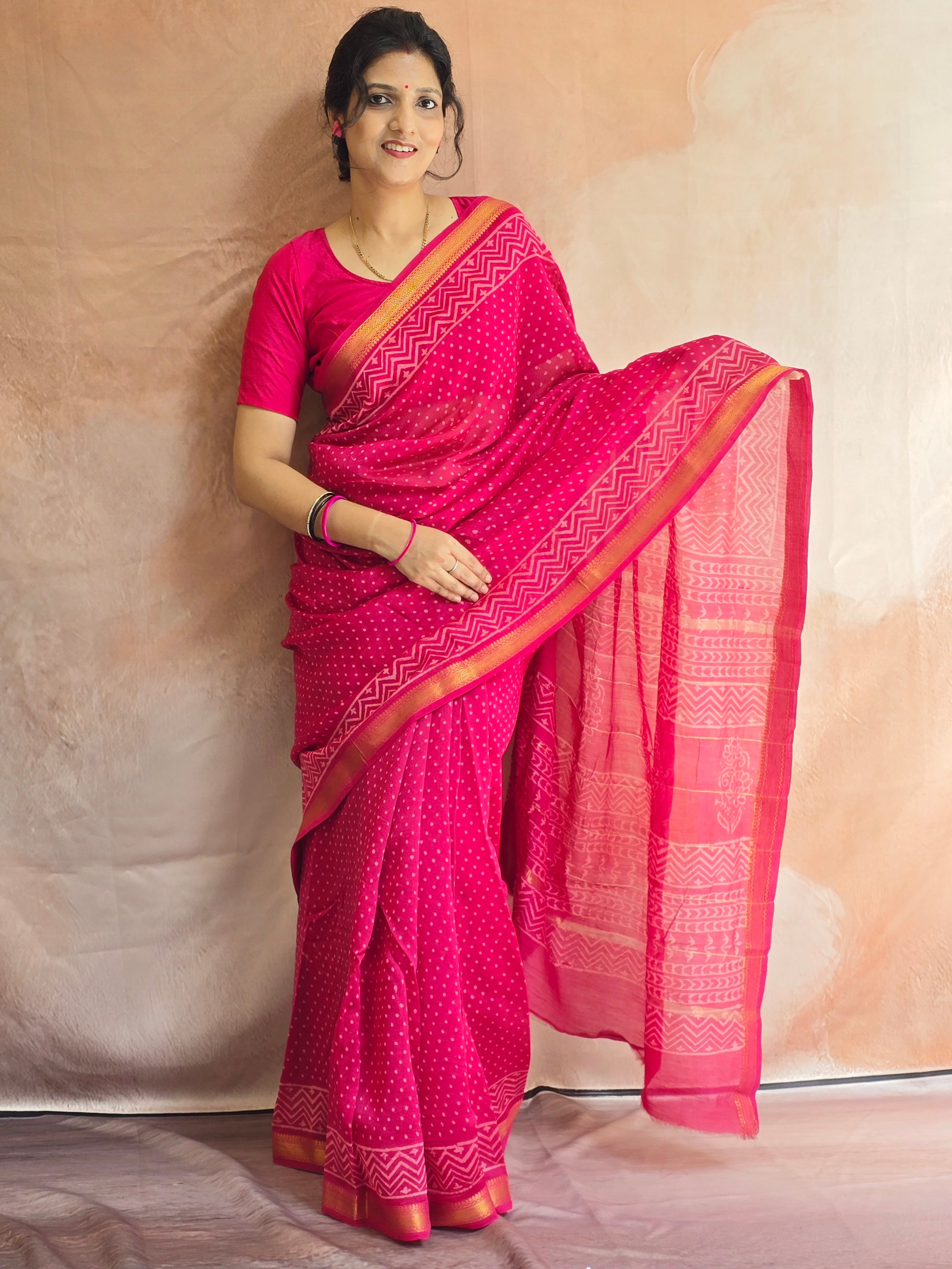 Handblock Printed Maheshwari Silk Cotton Saree