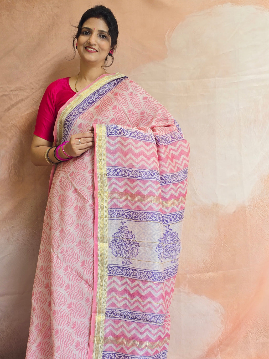 Handblock Printed Maheshwari Silk Cotton Saree