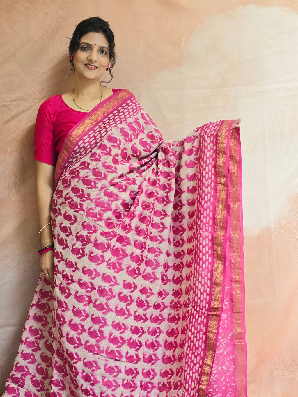 Handblock Printed Maheshwari Silk Cotton Saree