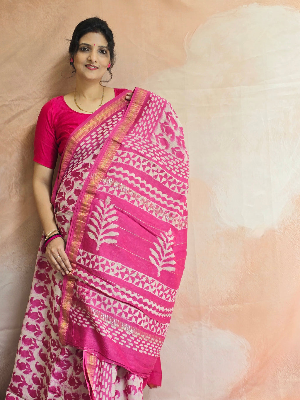 Handblock Printed Maheshwari Silk Cotton Saree