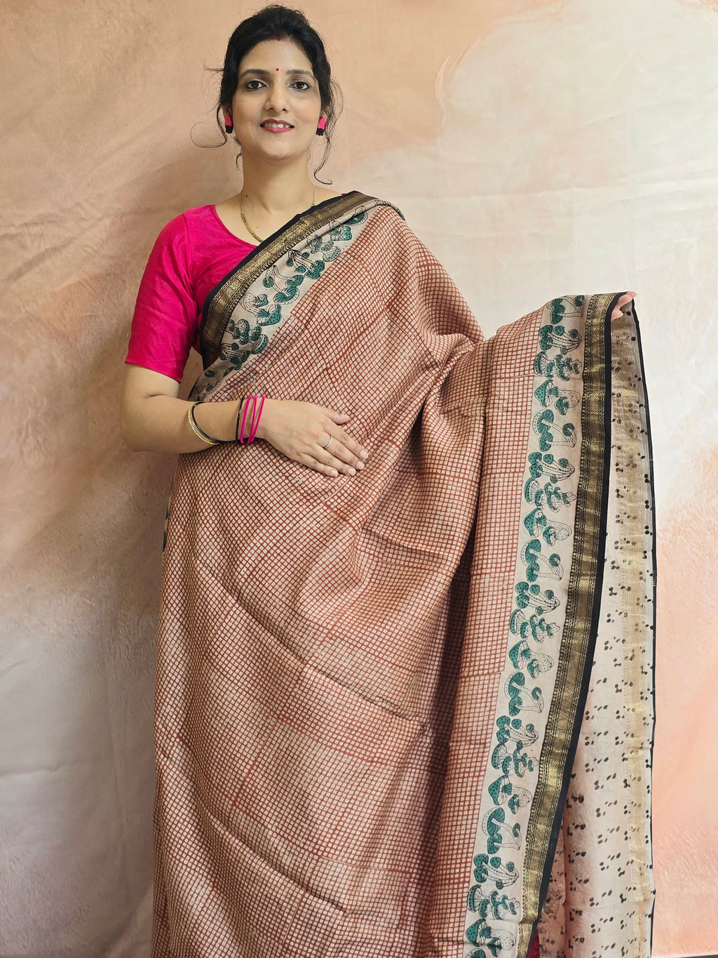 Handblock Printed Maheshwari Silk Cotton Saree