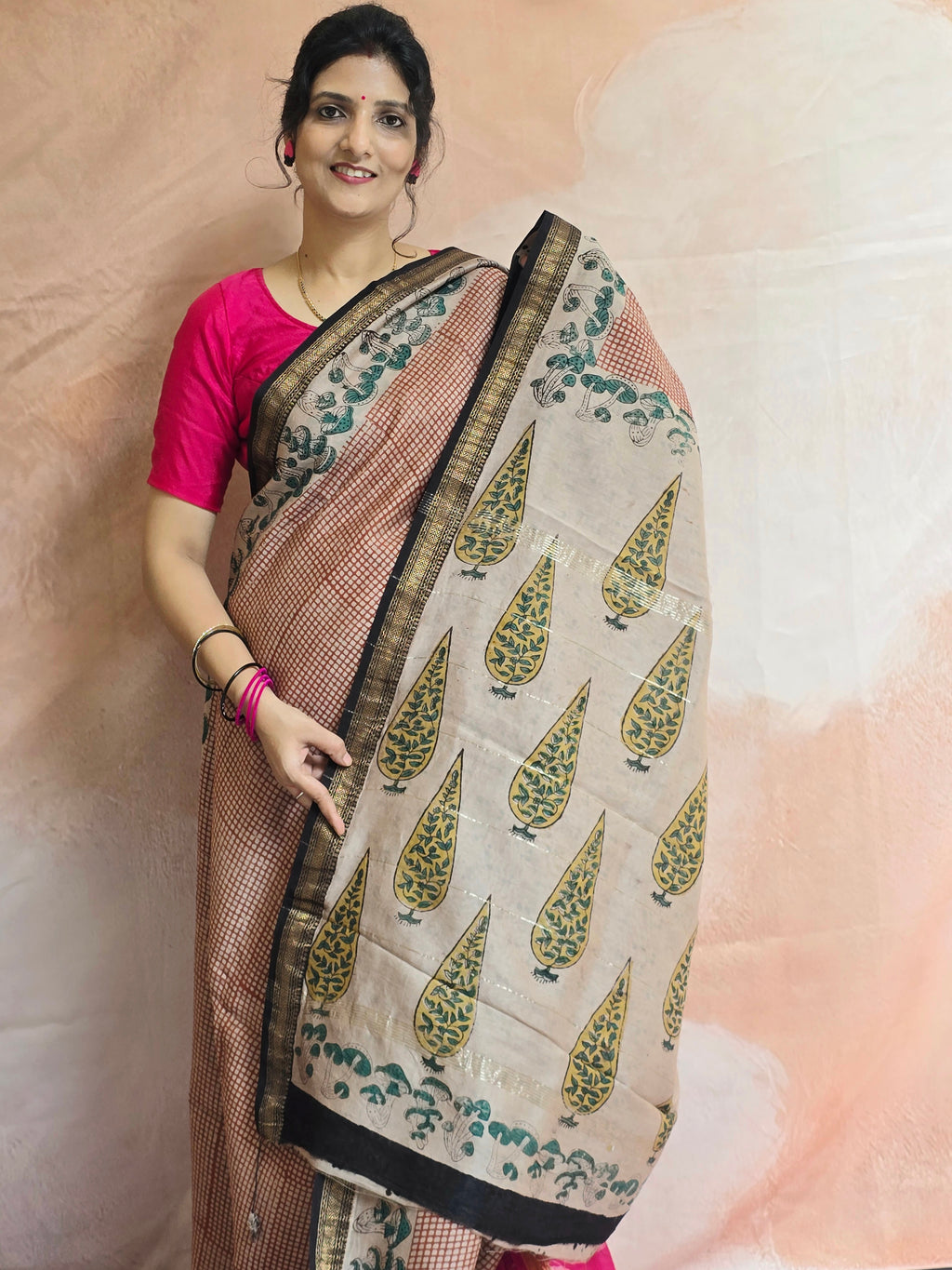 Handblock Printed Maheshwari Silk Cotton Saree