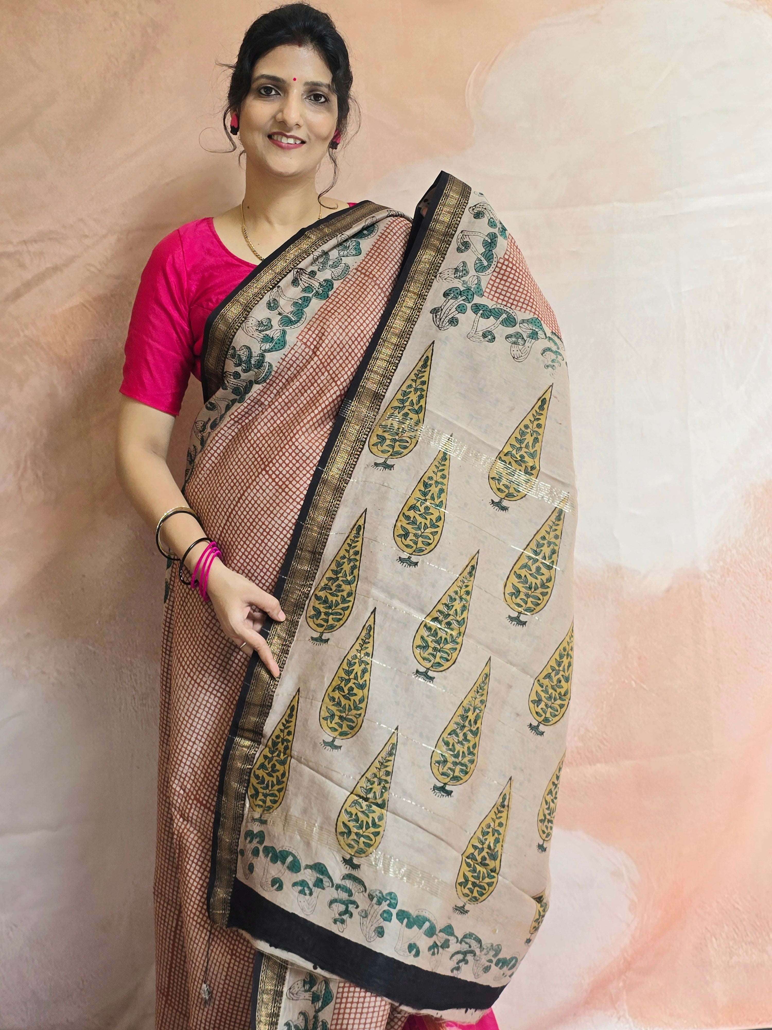 Handblock Printed Maheshwari Silk Cotton Saree