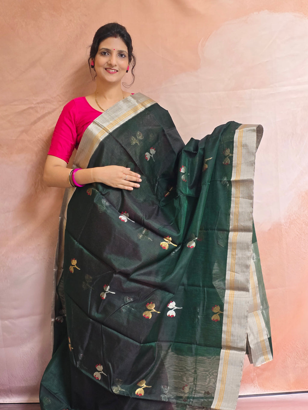Kusum Mangal – Pure Handwoven Chanderi Silk Cotton Saree | Bottle Green