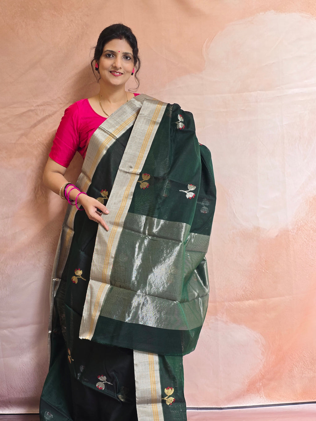 Kusum Mangal – Pure Handwoven Chanderi Silk Cotton Saree | Bottle Green