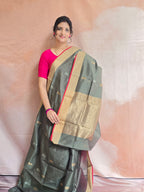 Pure Handwoven Chanderi Floral Motifs - Olive Green