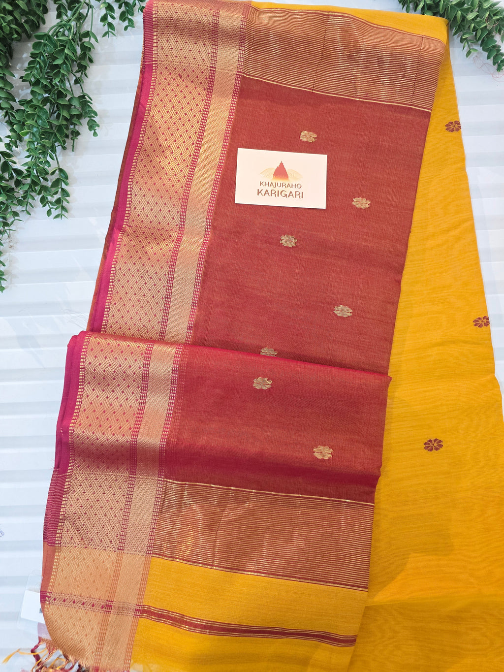 Pure Handwoven Maheshwari Saree Floral Motif - Yellow Maroon