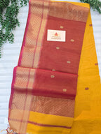 Pure Handwoven Maheshwari Saree Floral Motif - Yellow Maroon