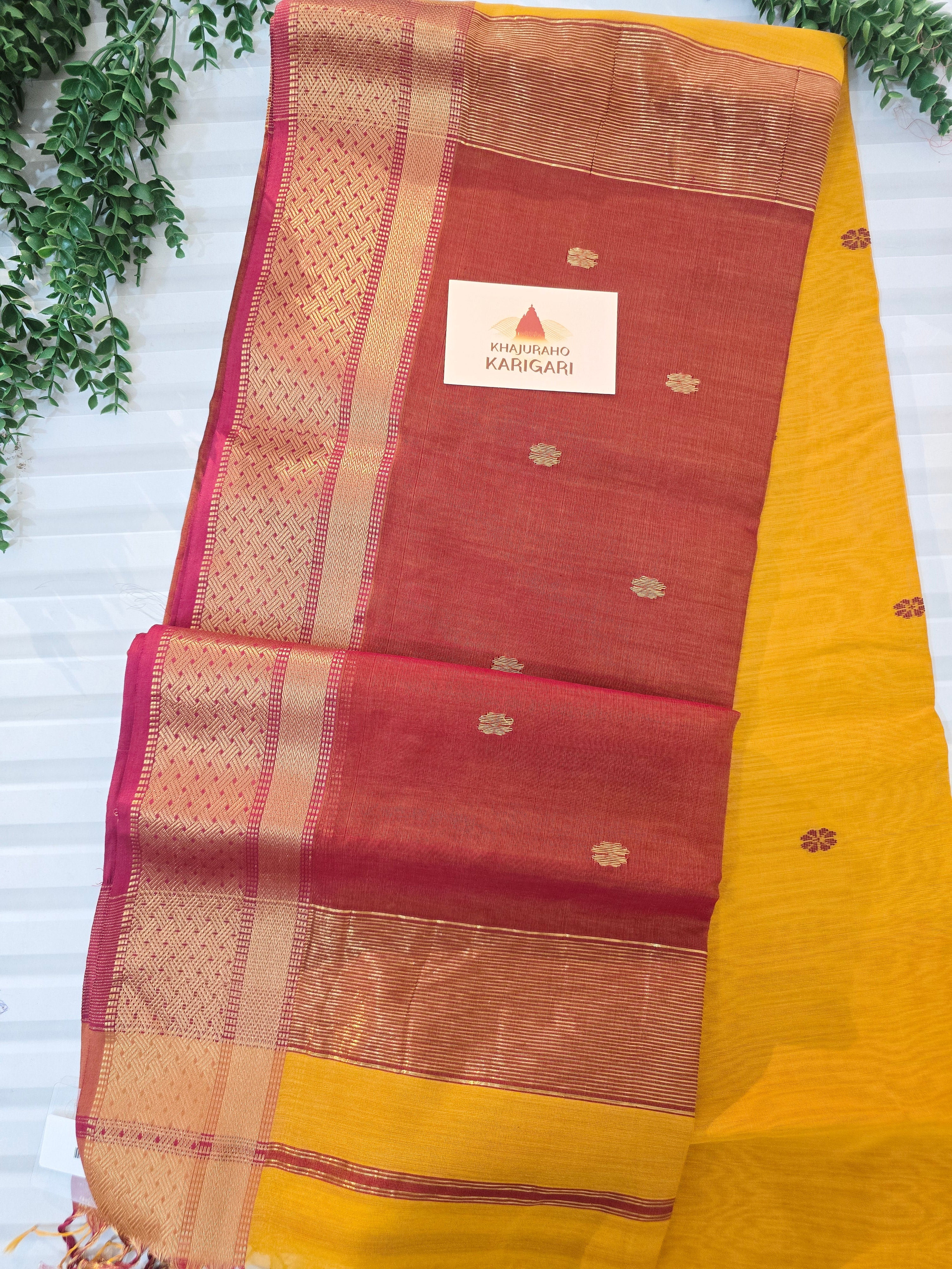 Pure Handwoven Maheshwari Saree Floral Motif - Yellow Maroon