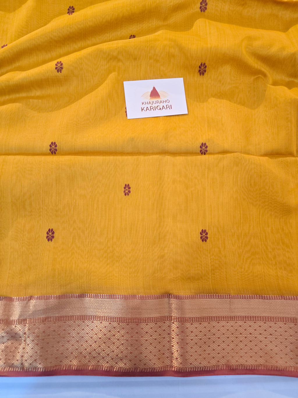 Pure Handwoven Maheshwari Saree Floral Motif - Yellow Maroon