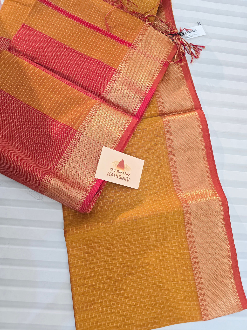 Pure Handwoven Maheshwari Zari Check Saree – Yellow Red