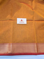 Pure Handwoven Maheshwari Zari Check Saree – Yellow Red