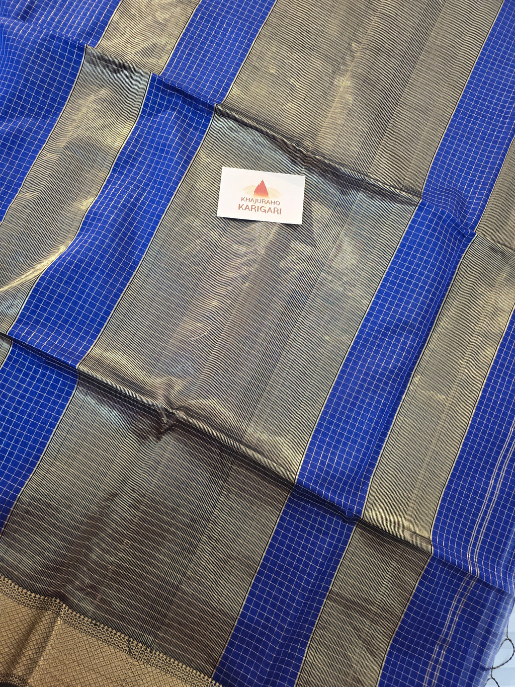Pure Handwoven Maheshwari Zari Check Saree – Blue