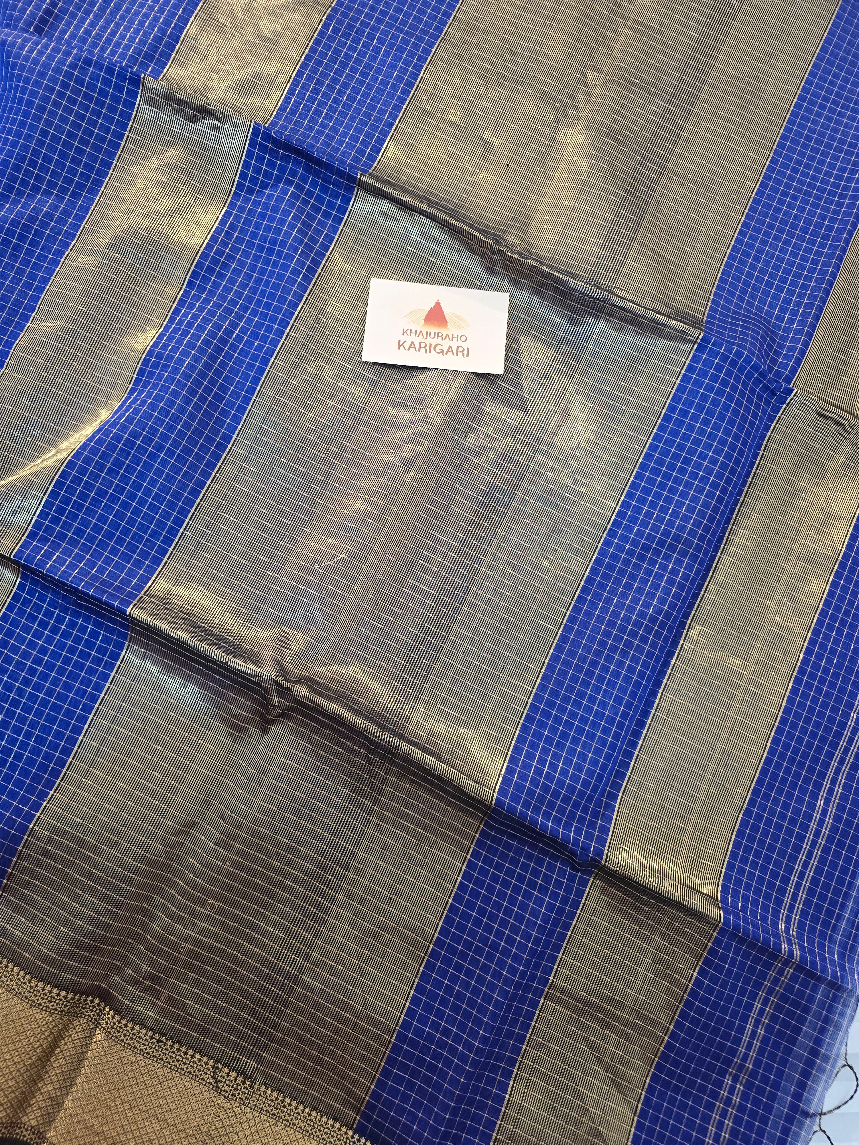 Pure Handwoven Maheshwari Zari Check Saree – Blue