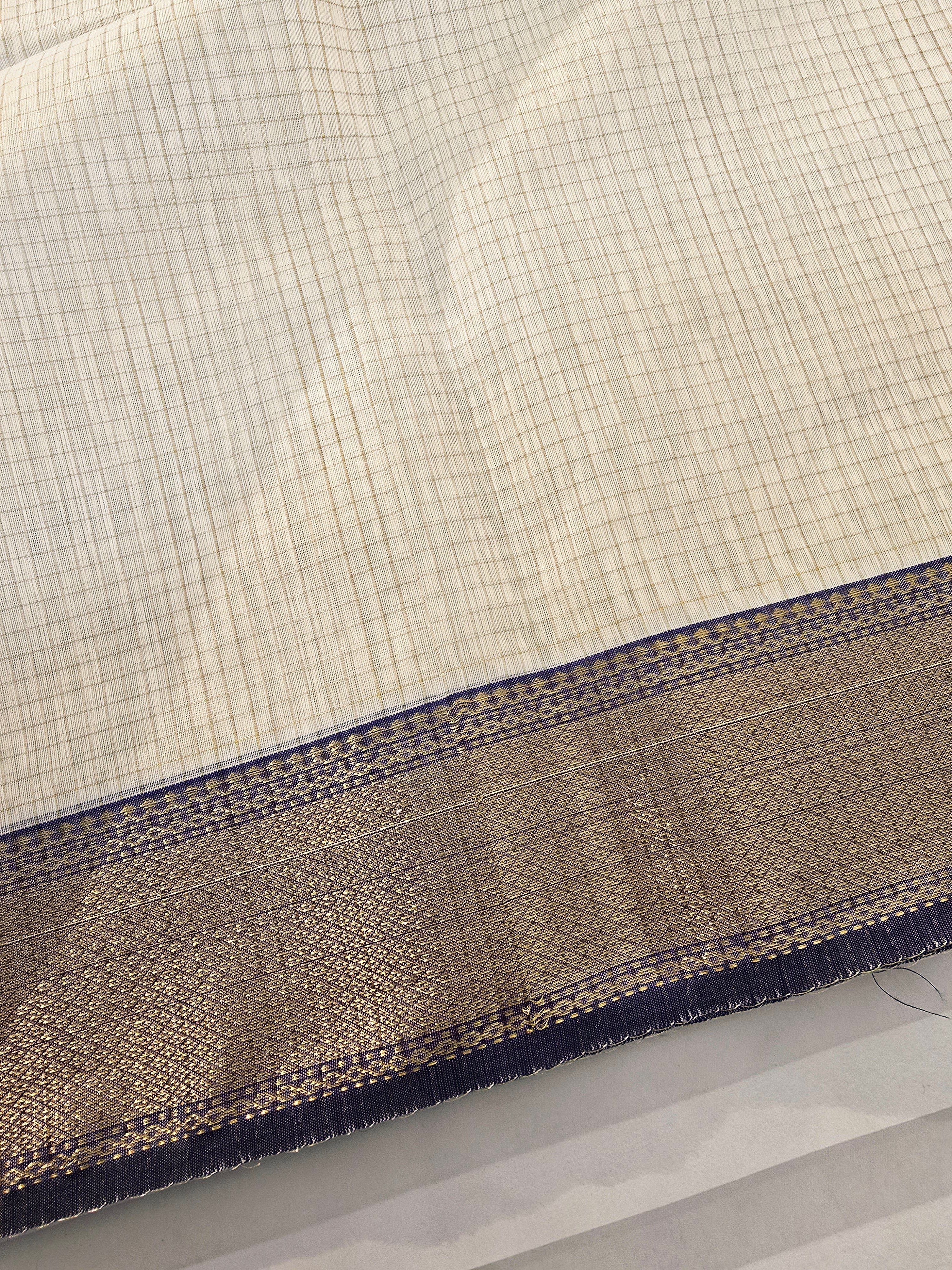 Pure Handwoven Maheshwari Zari Check Saree – Offwhite Blue