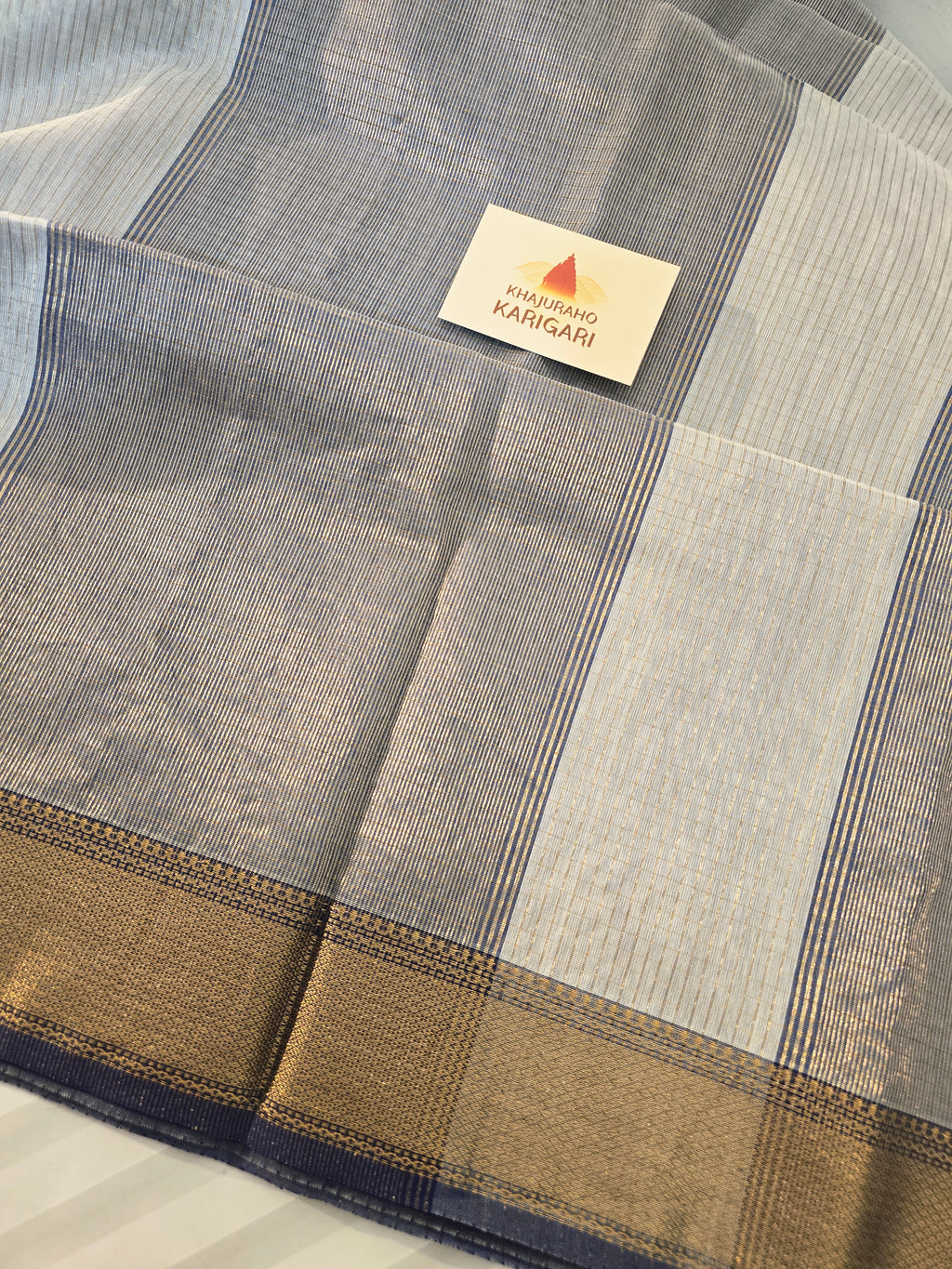 Pure Handwoven Maheshwari Zari Check Saree – Offwhite Blue