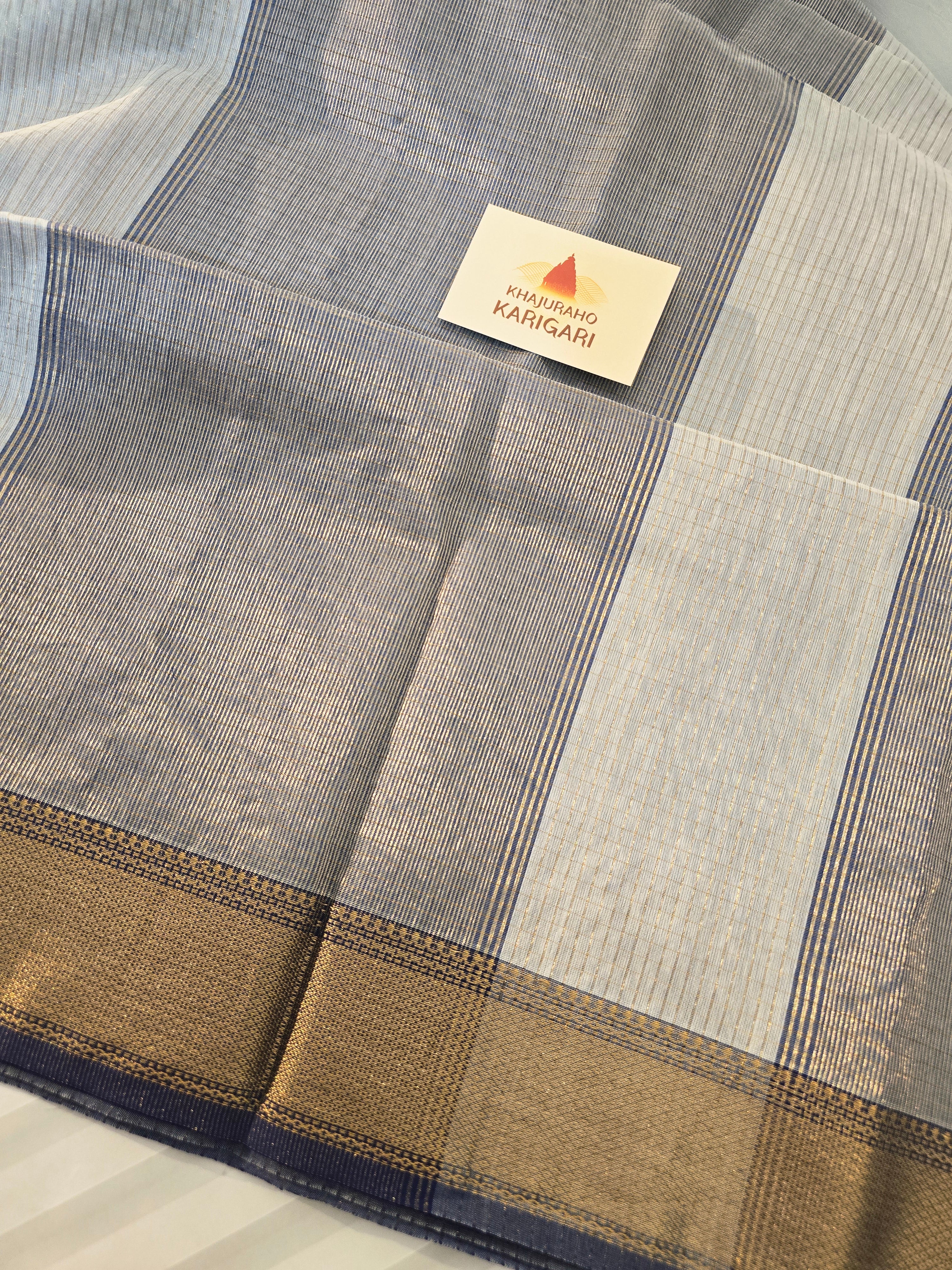 Pure Handwoven Maheshwari Zari Check Saree – Offwhite Blue