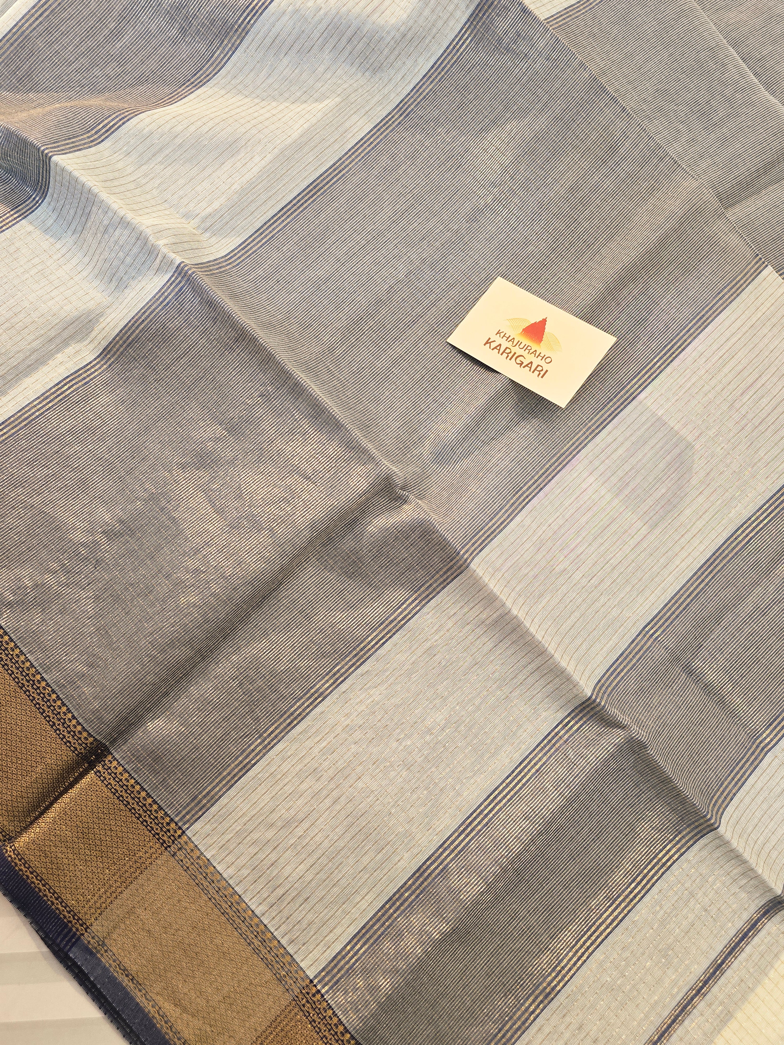 Pure Handwoven Maheshwari Zari Check Saree – Offwhite Blue