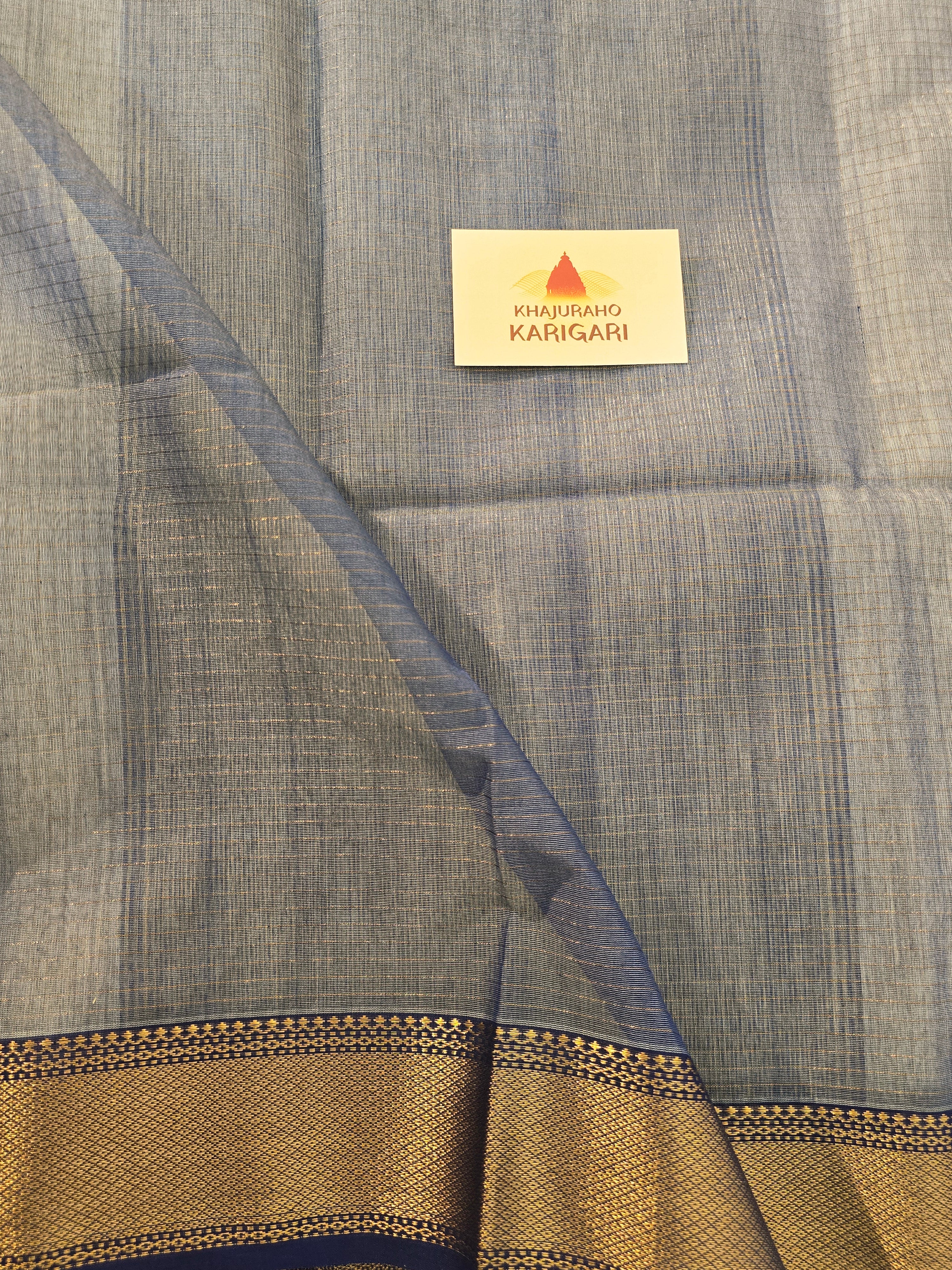 Pure Handwoven Maheshwari Zari Check Saree – Offwhite Blue