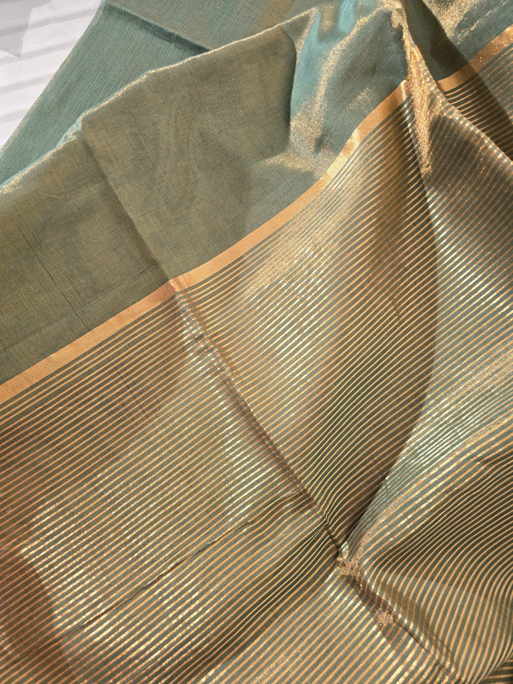 Maheshwari Tissue Silk Cotton Saree with Zari Striped Pallu - Sage Green