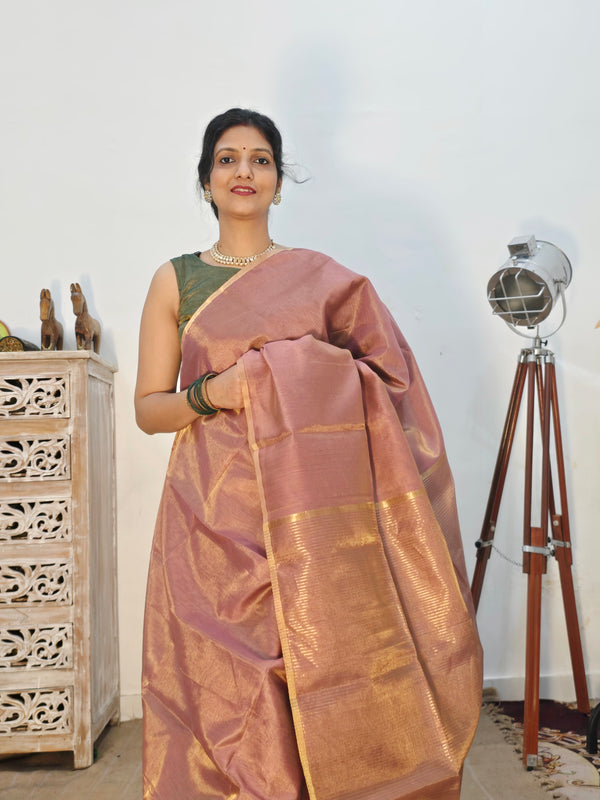 Maheshwari Tissue Silk Cotton Saree with Zari Striped Pallu - Onion Pink