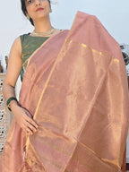 Maheshwari Tissue Silk Cotton Saree with Zari Striped Pallu - Onion Pink