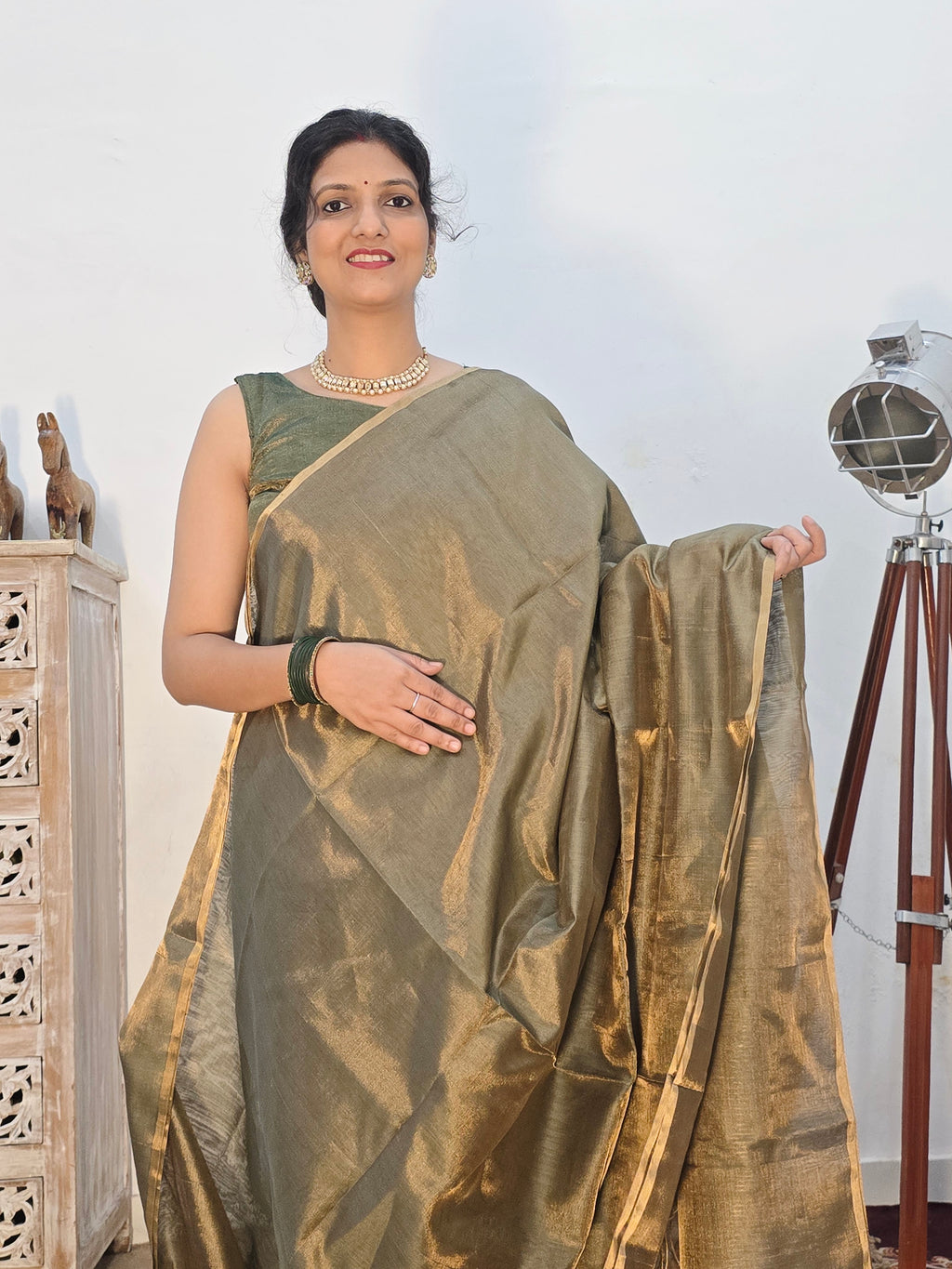 Maheshwari Tissue Silk Cotton Saree with Zari Striped Pallu - Gray